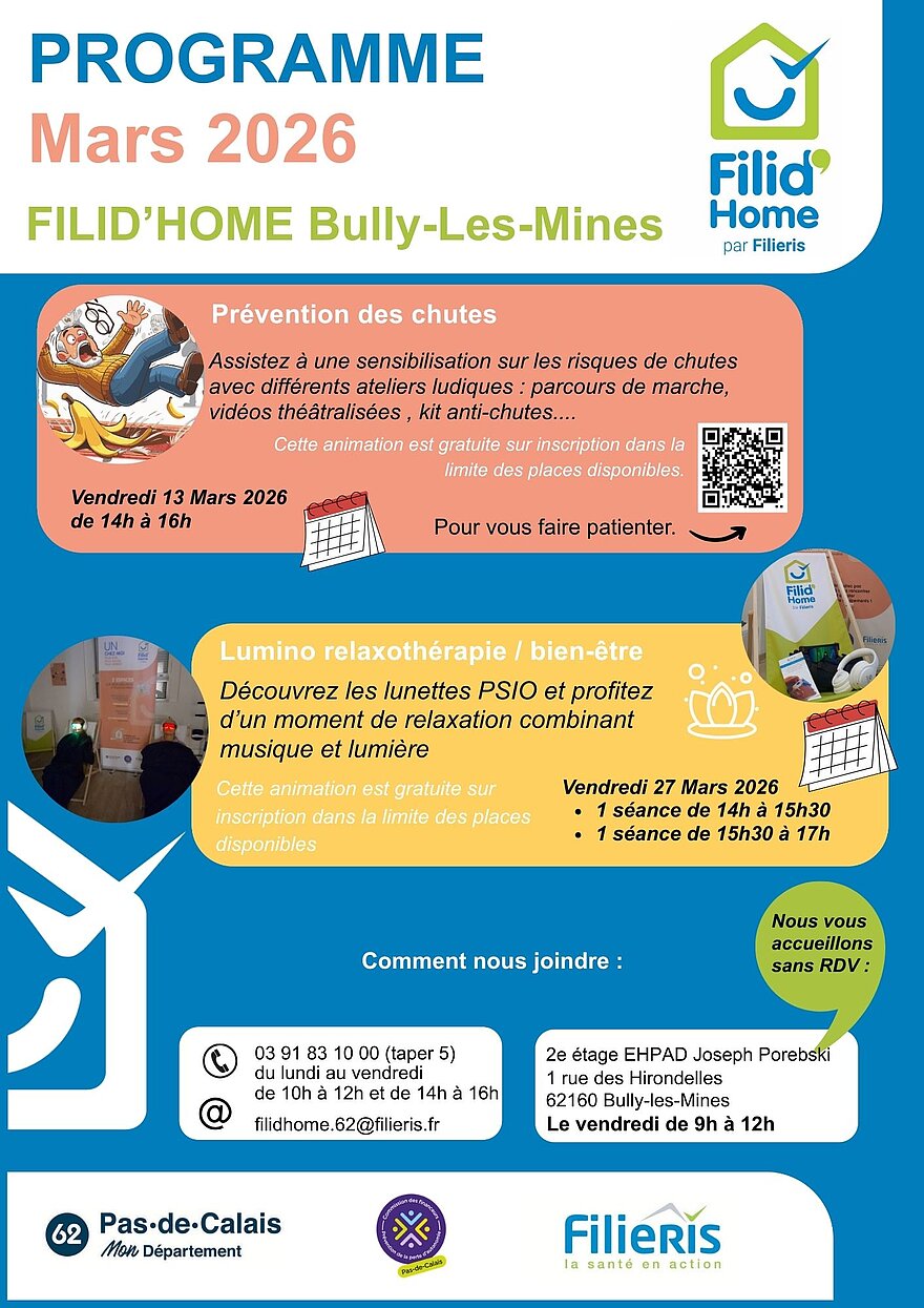 Affiche Filid'home avec le programme de mars à Bully-les-Mines