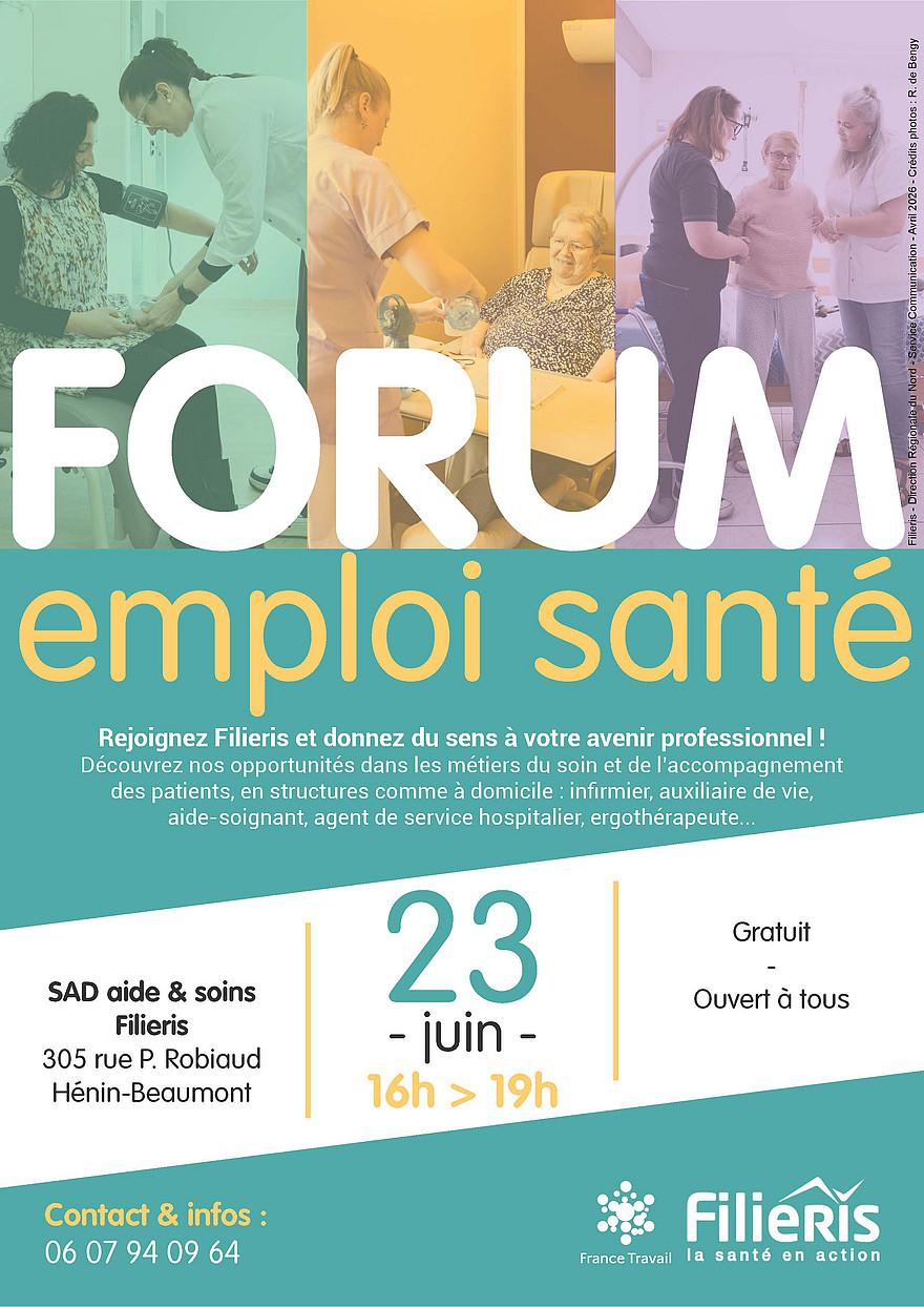 Affiche du Forum Emploi Santé de Filieris sur fond vert