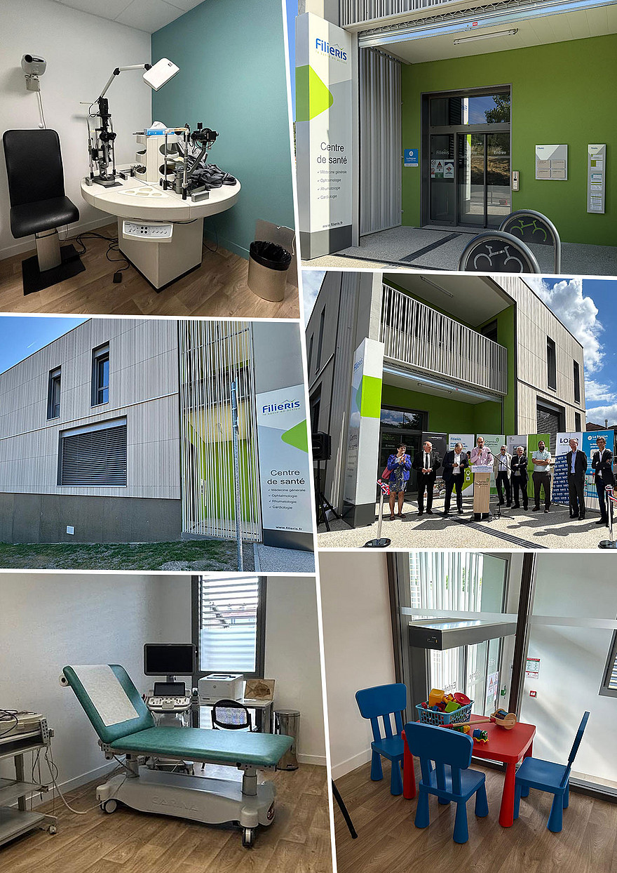 Mosaïque avec plusieurs photos de salles et équipements du centre de santé