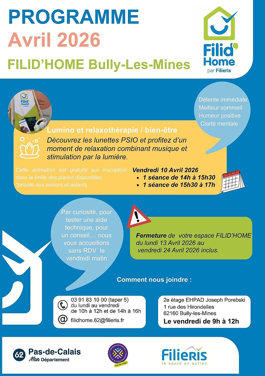 Affiche Filid'home avec le programme d'avril à Bully-les-Mines