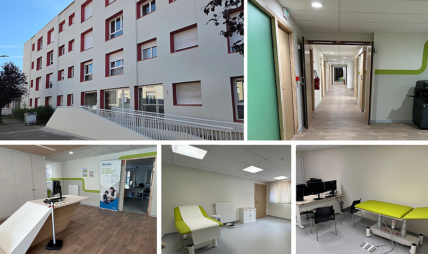 Mosaïque de photos du centre de Joeuf (entrée, accueil, couloir, salles)