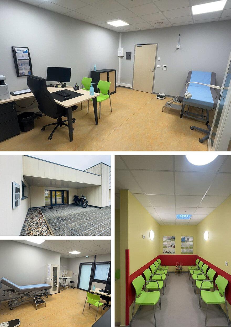 Mosaïque de photos présentant l'intérieur et l'extérieur du centre