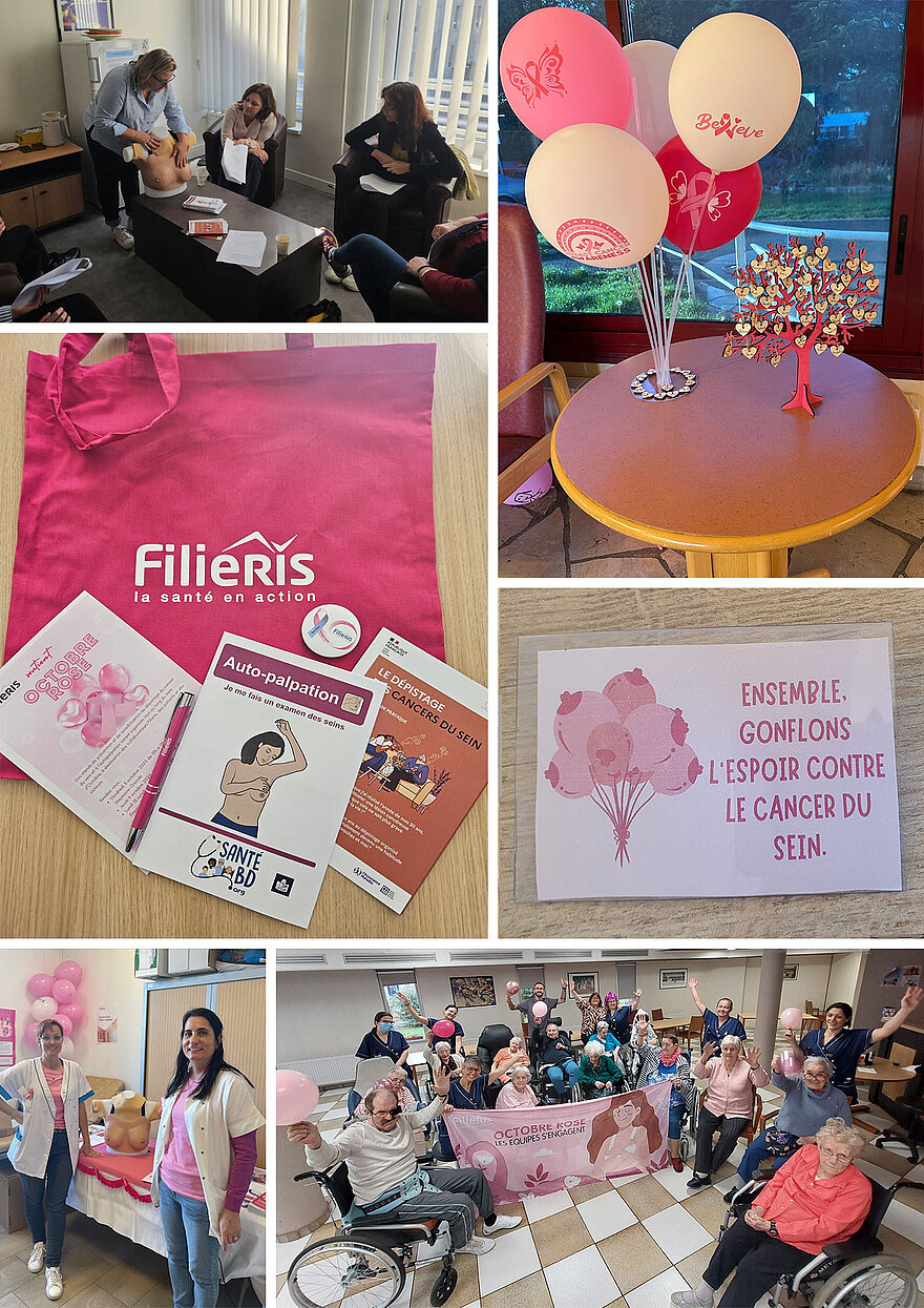 Montage de plusieurs photos d'actions Octobre Rose chez Filieris