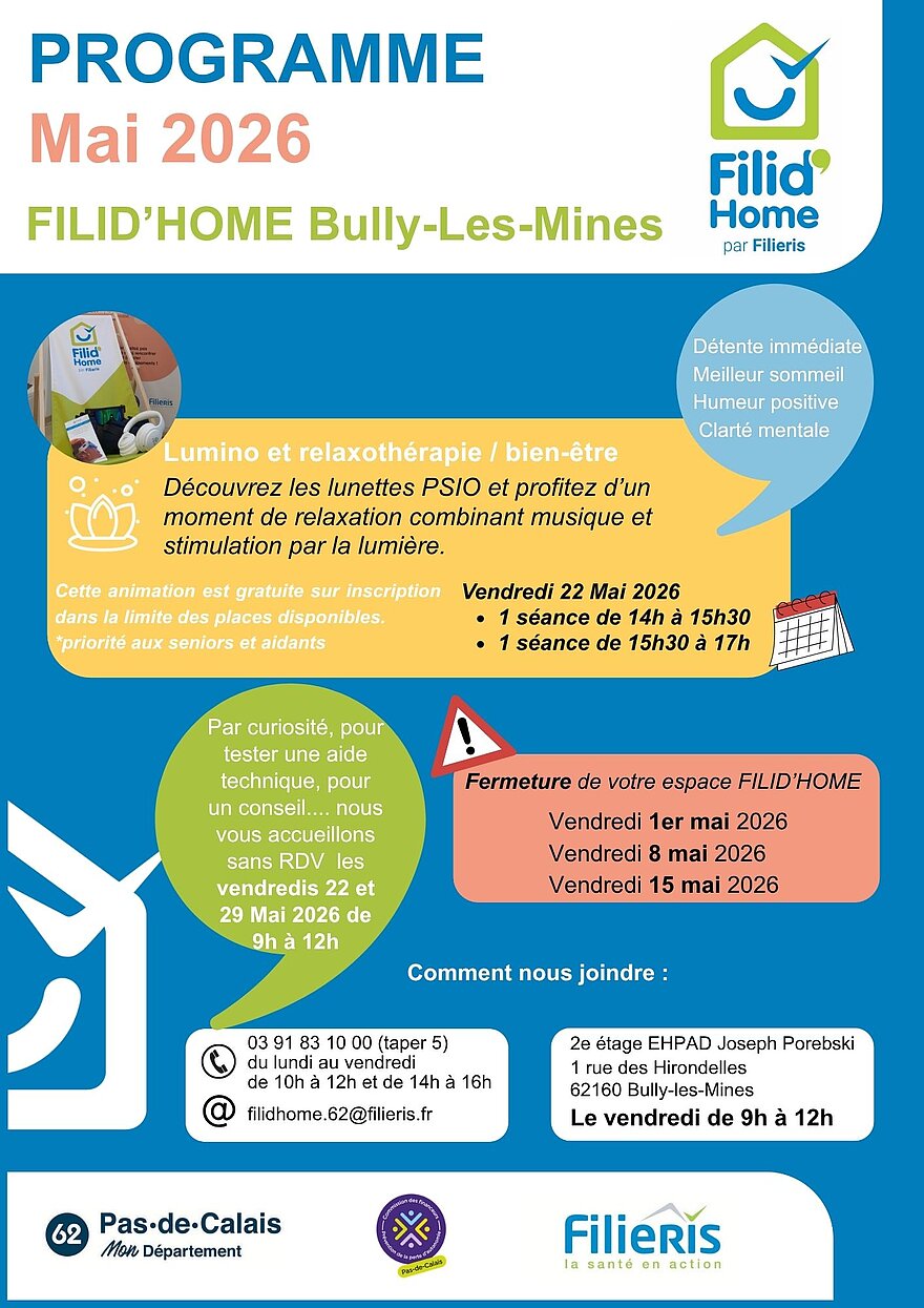 Affiche Filid'home avec le programme de mai à Bully-les-Mines