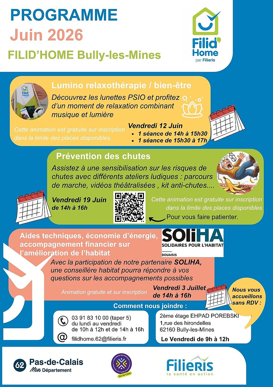 Affiche Filid'home avec le programme de juin à Bully-les-Mines